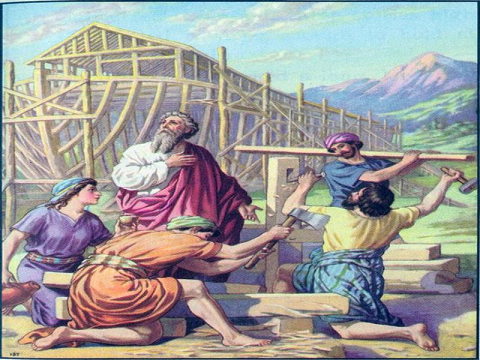 Noé y sus hijos construyendo el arca
