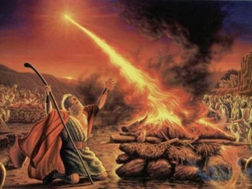 El fuego consume el sacrificio de Elías fente a Israel