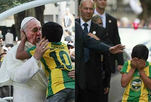 muchacho abraza al Papa Francisco en el trayecto
